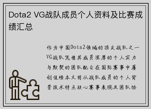 Dota2 VG战队成员个人资料及比赛成绩汇总
