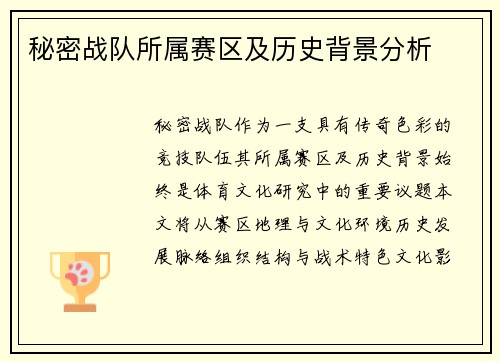 秘密战队所属赛区及历史背景分析