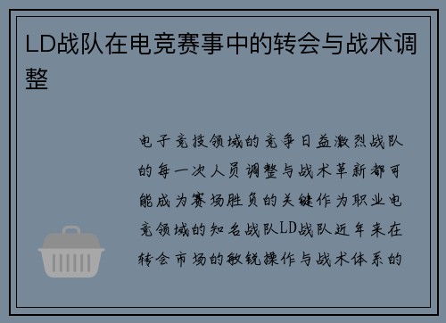 LD战队在电竞赛事中的转会与战术调整